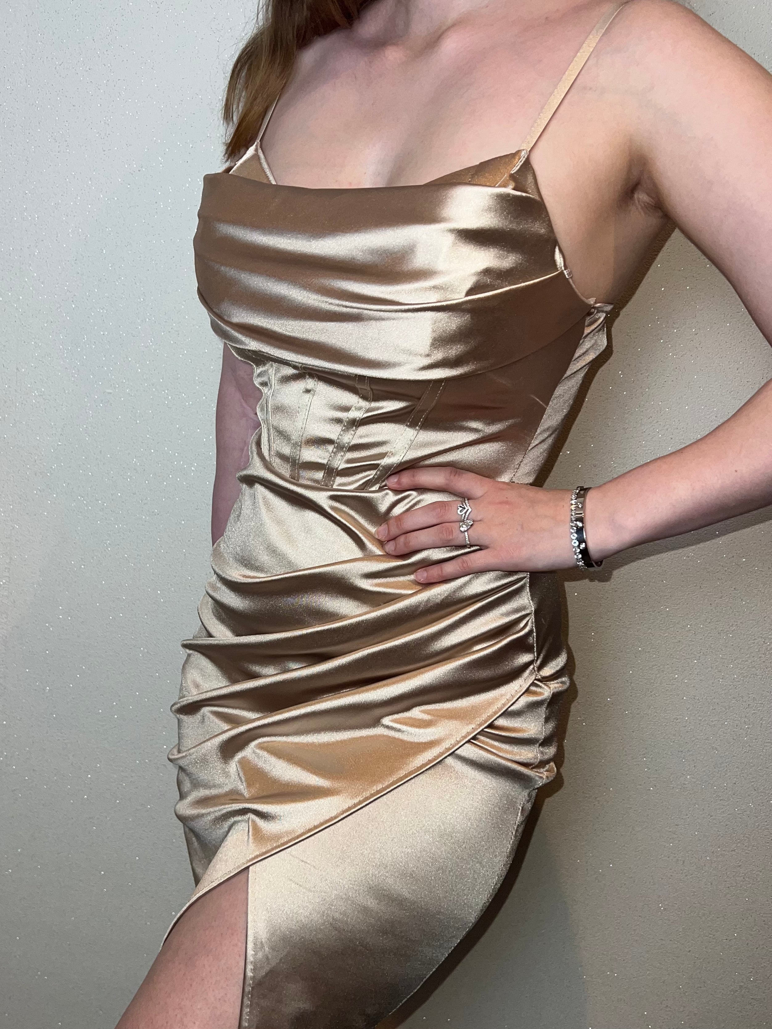 *limitiert* Satin Kleid mit Korsett-Opik - Gold