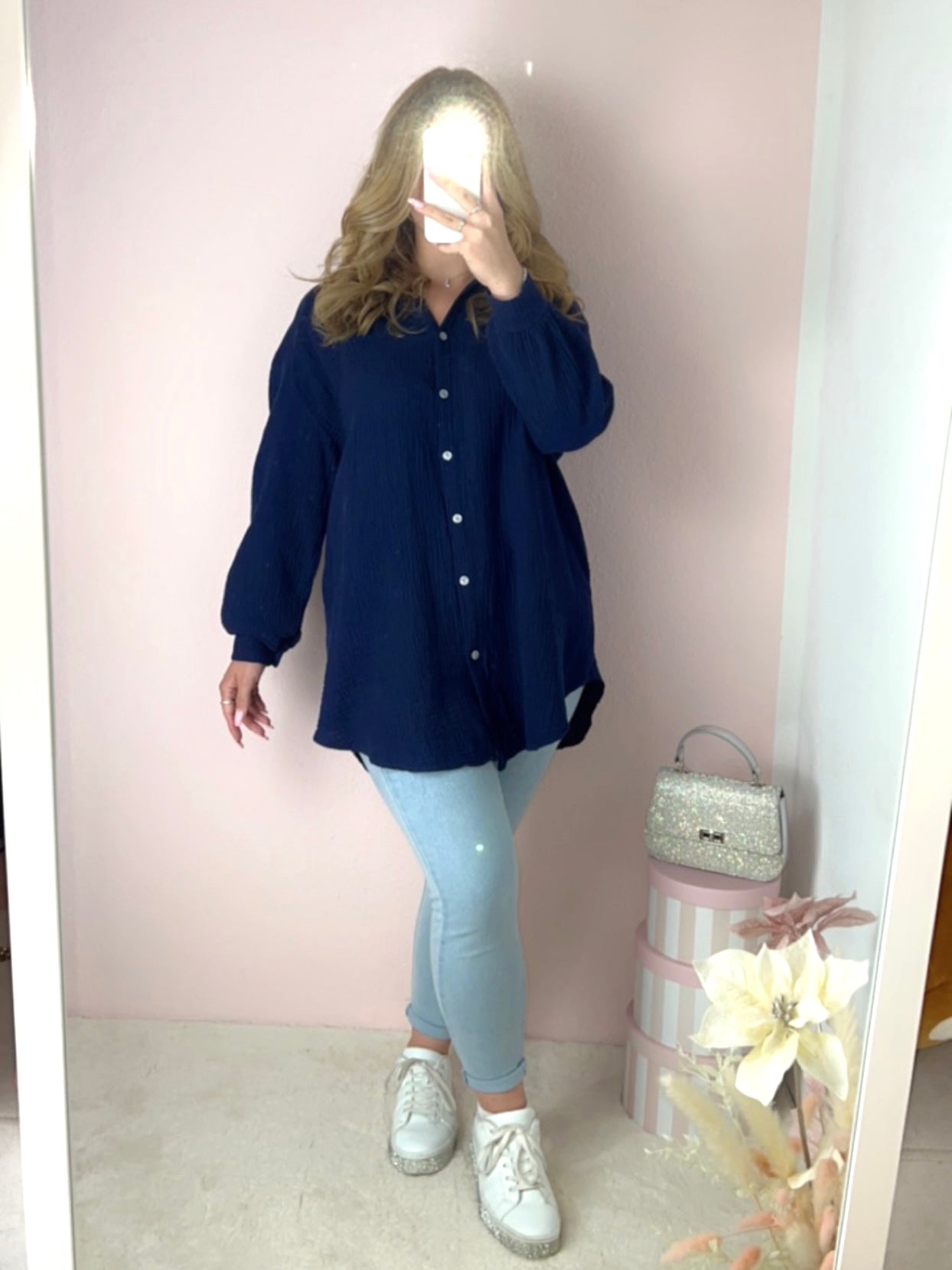 Oversize Musselin Bluse - Dunkelblau