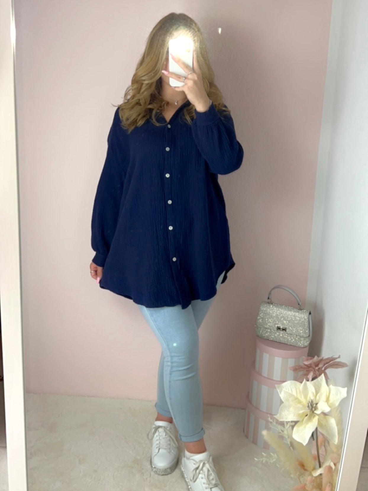 Oversize Musselin Bluse - Dunkelblau