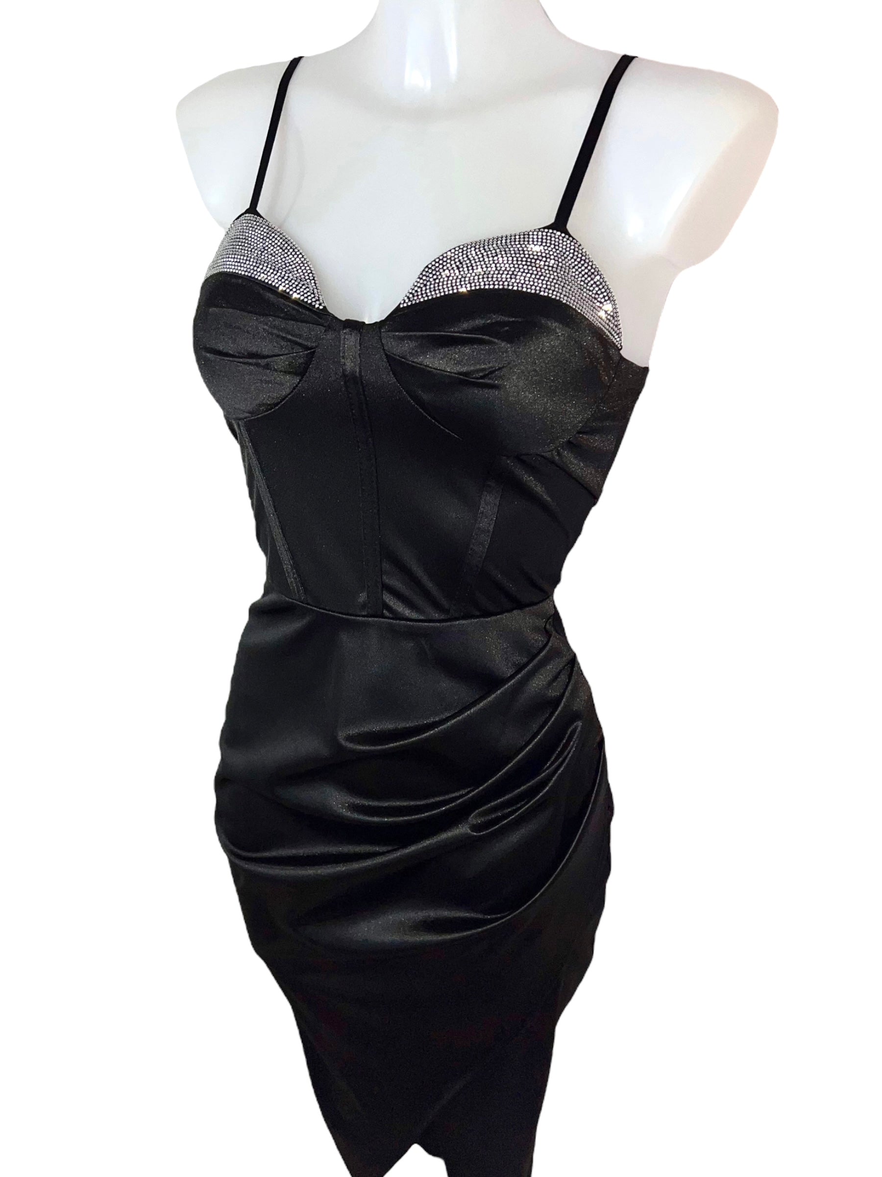 Satin Kleid mit Strass - Schwarz